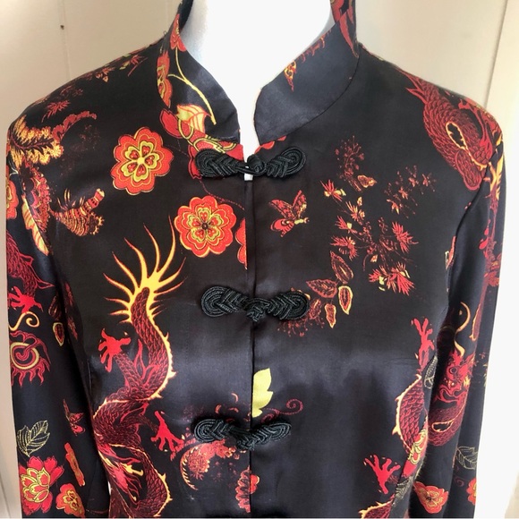 CLIO Vintage 80’s Black Orange Satin Dragon Print Top Blouse by Clio Size 8 - Picture 3 of 7